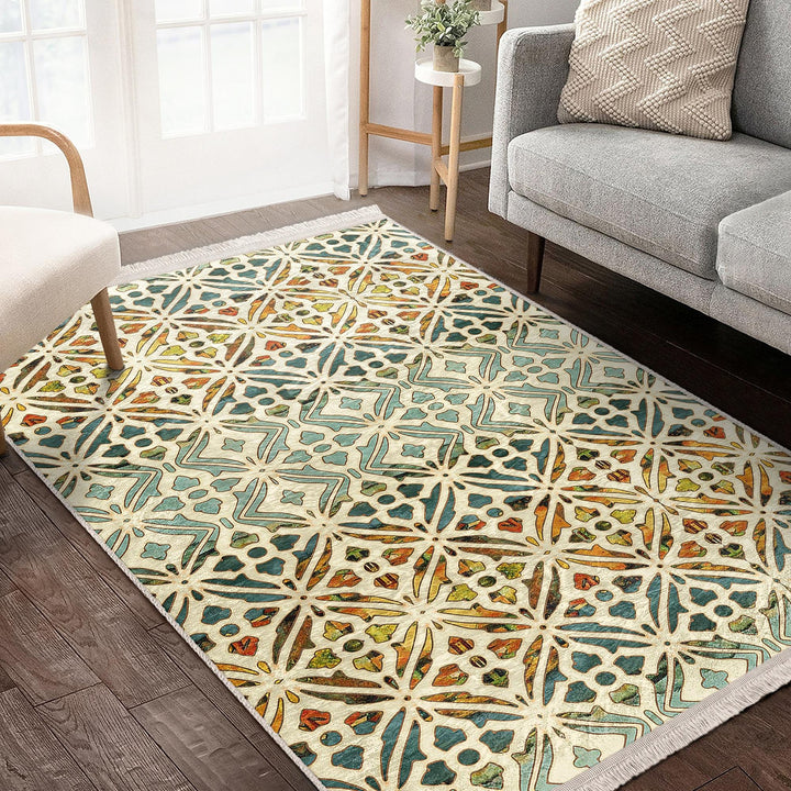 Ethnic Geometric Rug|Rug Design Carpet|Farmhouse Carpet|Decorative Fringed Floor Covering|Rustic Pattern Machine-Washable Non-Slip Mat
