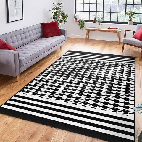 Crowbar Pattern Rug|Geometric Area Rug|BW Striped Carpet|Machine-Washable Fringed Non-Slip Mat|Abstract Multi-Purpose Anti-Slip Carpet
