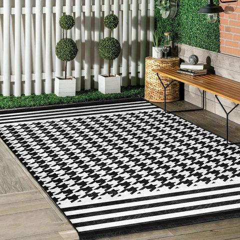 Crowbar Pattern Rug|Geometric Area Rug|BW Striped Carpet|Machine-Washable Fringed Non-Slip Mat|Abstract Multi-Purpose Anti-Slip Carpet