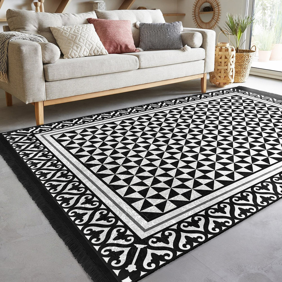 Triangle Pattern Rug|Geometric Carpet|BW Boho Carpet|Machine-Washable Fringed Non-Slip Mat|Abstract Design Multi-Purpose Anti-Slip Rug