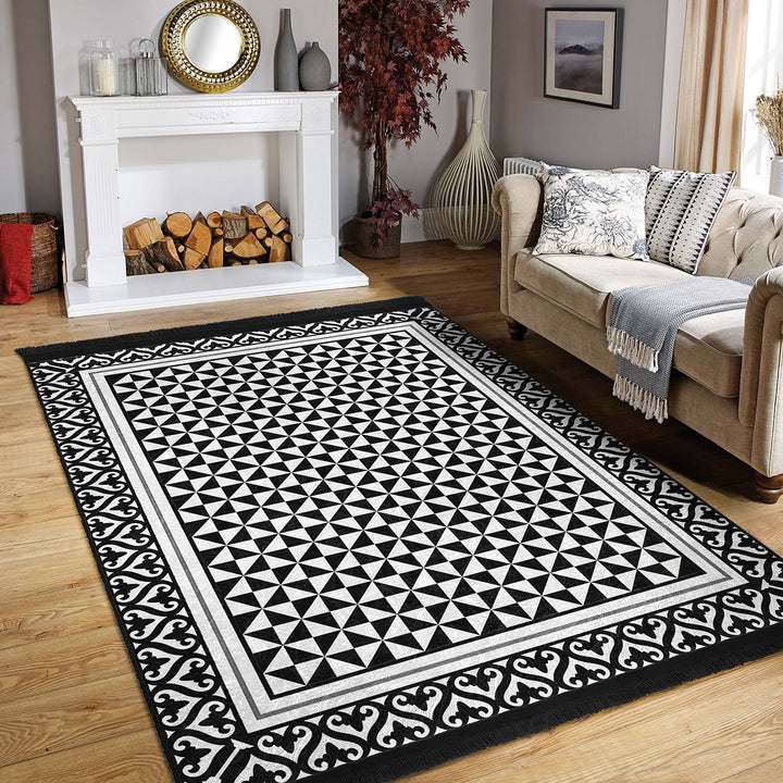 Triangle Pattern Rug|Geometric Carpet|BW Boho Carpet|Machine-Washable Fringed Non-Slip Mat|Abstract Design Multi-Purpose Anti-Slip Rug