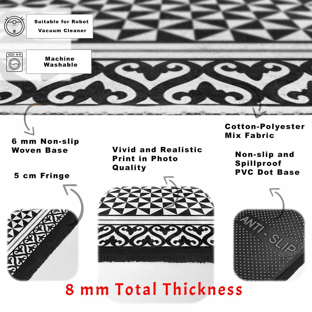 Triangle Pattern Rug|Geometric Carpet|BW Boho Carpet|Machine-Washable Fringed Non-Slip Mat|Abstract Design Multi-Purpose Anti-Slip Rug