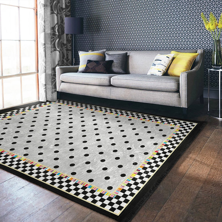 Dot Pattern Area Rug|Geometric Carpet|Checkered Carpet|Machine-Washable Fringed Non-Slip Mat|Abstract Design Multi-Purpose Anti-Slip Rug