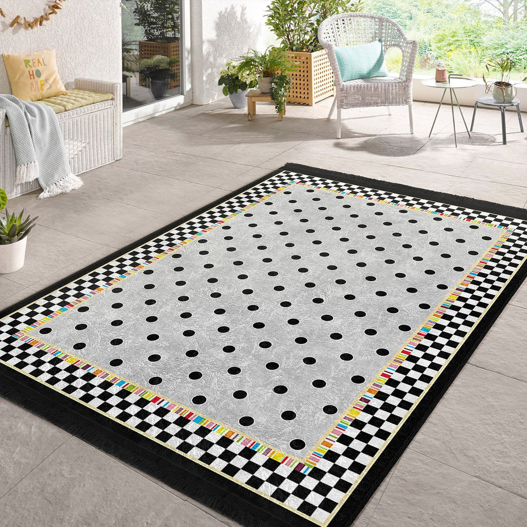 Dot Pattern Area Rug|Geometric Carpet|Checkered Carpet|Machine-Washable Fringed Non-Slip Mat|Abstract Design Multi-Purpose Anti-Slip Rug
