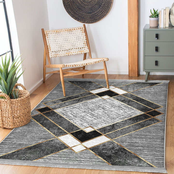 Geometric Area Rug|Gray Boho Carpet|Machine-Washable Fringed Non-Slip Mat|Abstract Multi-Purpose Anti-Slip Carpet|Stylish Living Room Rug