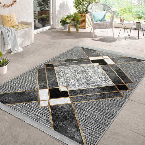 Geometric Area Rug|Gray Boho Carpet|Machine-Washable Fringed Non-Slip Mat|Abstract Multi-Purpose Anti-Slip Carpet|Stylish Living Room Rug