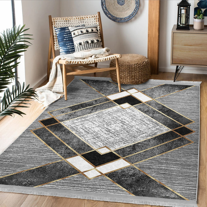 Geometric Area Rug|Gray Boho Carpet|Machine-Washable Fringed Non-Slip Mat|Abstract Multi-Purpose Anti-Slip Carpet|Stylish Living Room Rug