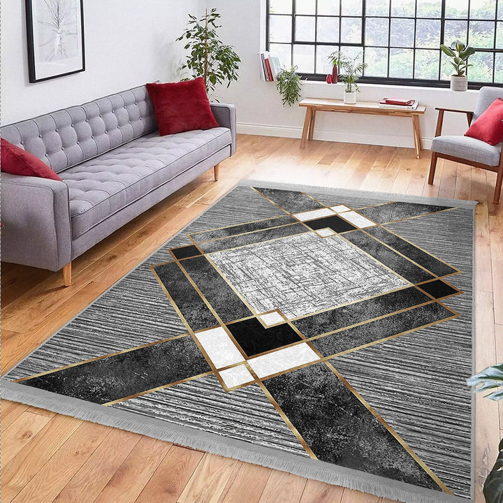 Geometric Area Rug|Gray Boho Carpet|Machine-Washable Fringed Non-Slip Mat|Abstract Multi-Purpose Anti-Slip Carpet|Stylish Living Room Rug