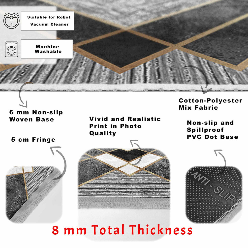 Geometric Area Rug|Gray Boho Carpet|Machine-Washable Fringed Non-Slip Mat|Abstract Multi-Purpose Anti-Slip Carpet|Stylish Living Room Rug