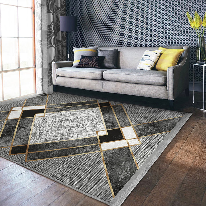 Geometric Area Rug|Gray Boho Carpet|Machine-Washable Fringed Non-Slip Mat|Abstract Multi-Purpose Anti-Slip Carpet|Stylish Living Room Rug