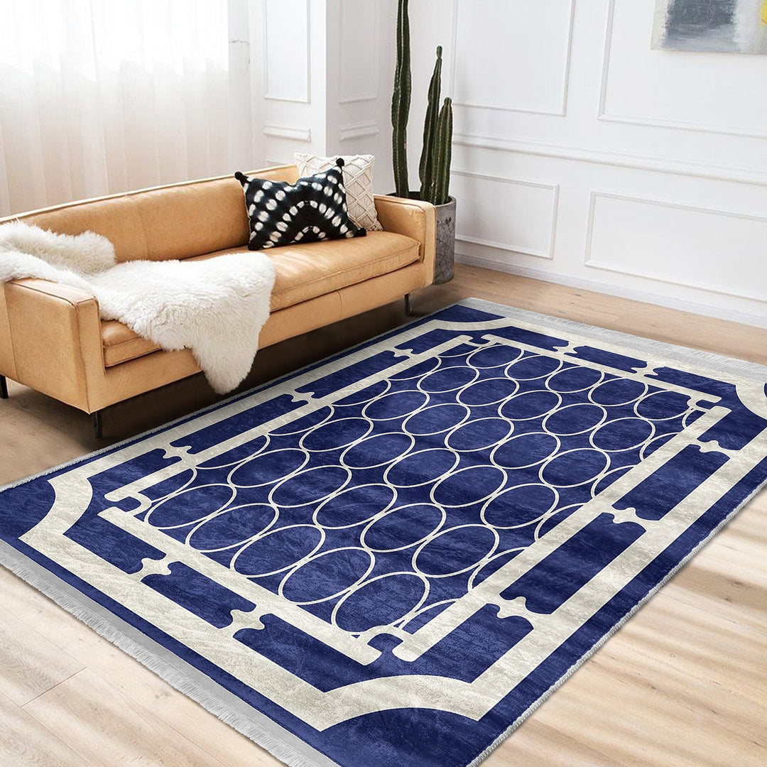 Ellipse Pattern Rug|Geometric Carpet|Bordered Area Carpet|Machine-Washable Fringed Non-Slip Mat|Abstract Design Multi-Purpose Anti-Slip Rug