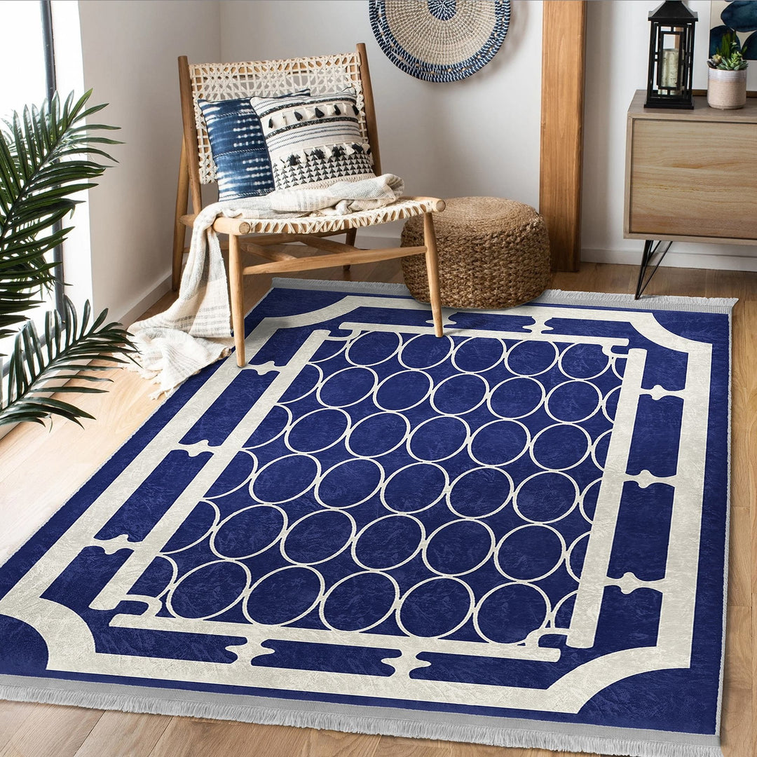 Ellipse Pattern Rug|Geometric Carpet|Bordered Area Carpet|Machine-Washable Fringed Non-Slip Mat|Abstract Design Multi-Purpose Anti-Slip Rug