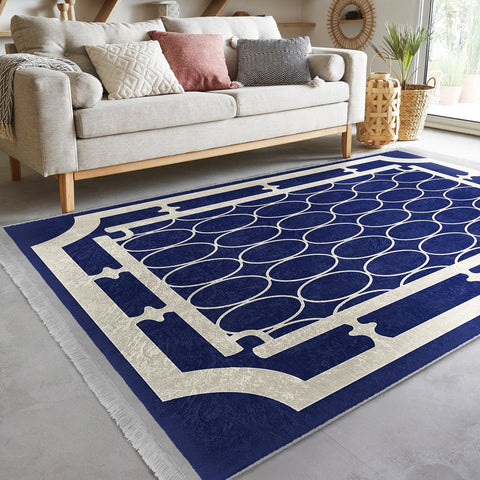 Ellipse Pattern Rug|Geometric Carpet|Bordered Area Carpet|Machine-Washable Fringed Non-Slip Mat|Abstract Design Multi-Purpose Anti-Slip Rug