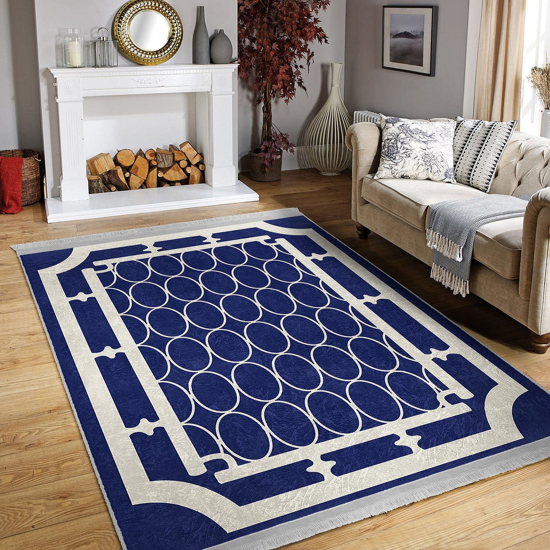 Ellipse Pattern Rug|Geometric Carpet|Bordered Area Carpet|Machine-Washable Fringed Non-Slip Mat|Abstract Design Multi-Purpose Anti-Slip Rug