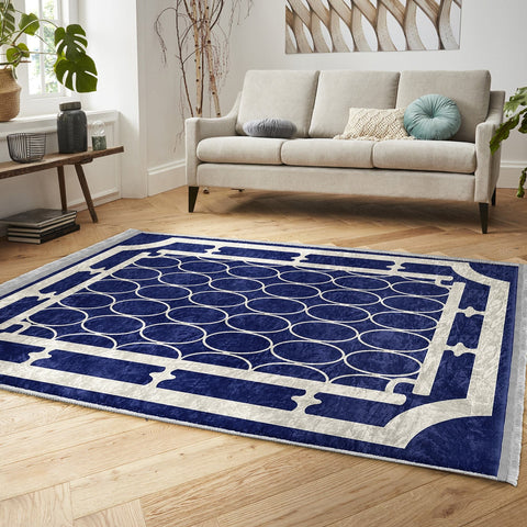 Ellipse Pattern Rug|Geometric Carpet|Bordered Area Carpet|Machine-Washable Fringed Non-Slip Mat|Abstract Design Multi-Purpose Anti-Slip Rug