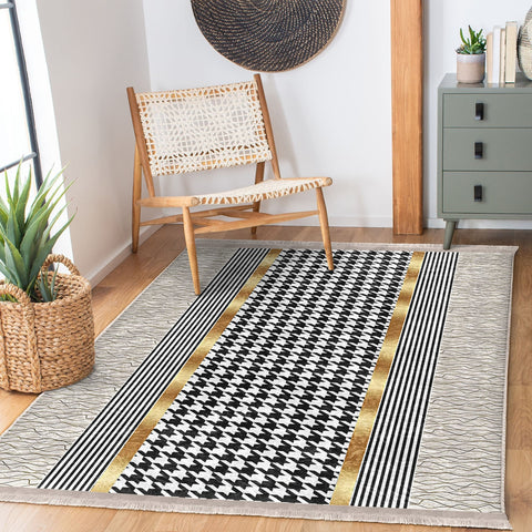 Crowbar Pattern Rug|Geometric Area Rug|Gold Detailed Carpet|Machine-Washable Fringed Non-Slip Mat|Abstract Multi-Purpose Anti-Slip Carpet