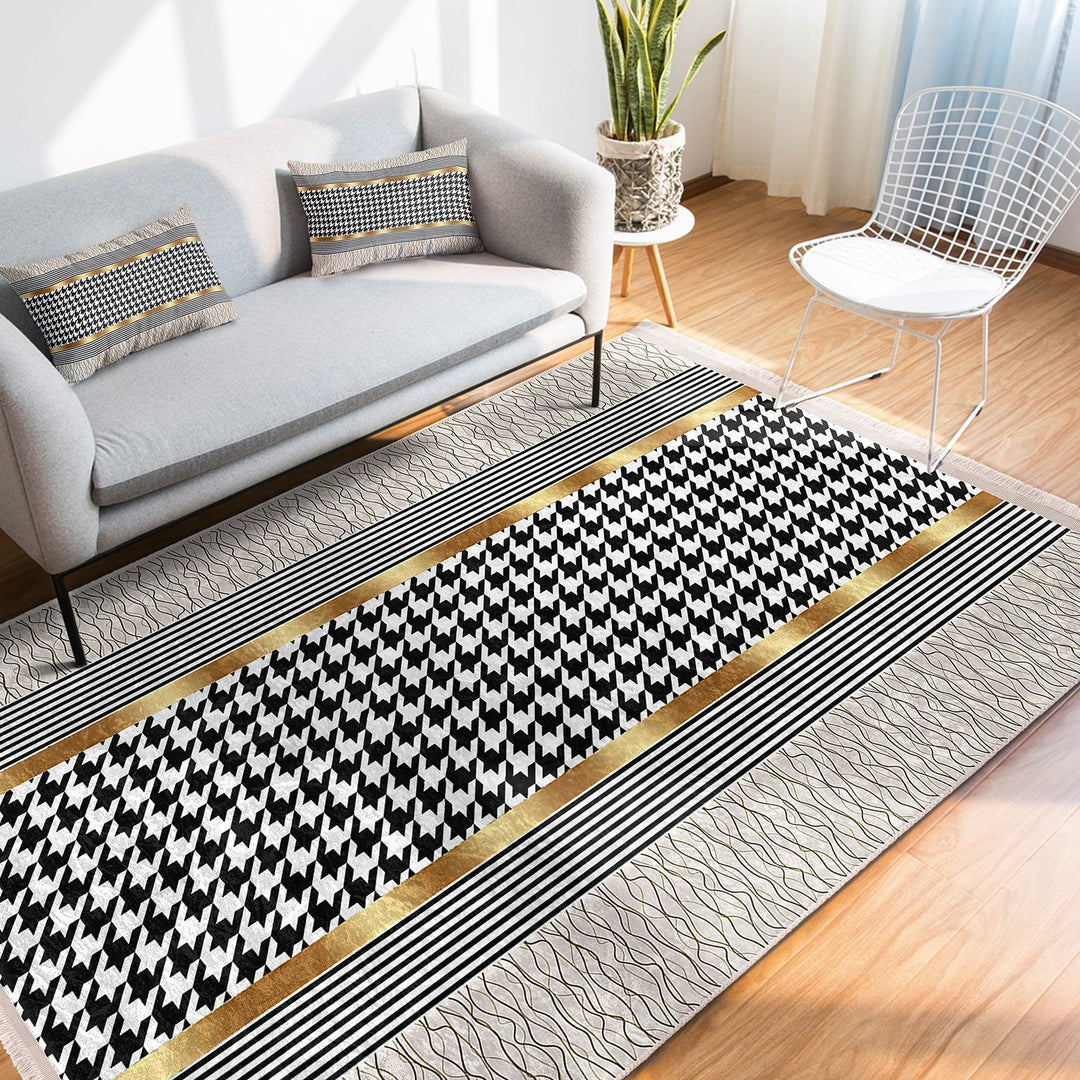 Crowbar Pattern Rug|Geometric Area Rug|Gold Detailed Carpet|Machine-Washable Fringed Non-Slip Mat|Abstract Multi-Purpose Anti-Slip Carpet