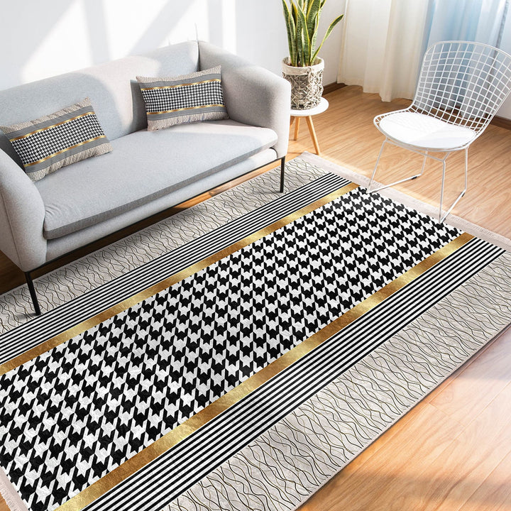 Crowbar Pattern Rug|Geometric Area Rug|Gold Detailed Carpet|Machine-Washable Fringed Non-Slip Mat|Abstract Multi-Purpose Anti-Slip Carpet
