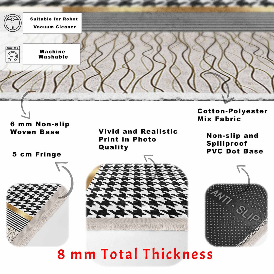 Crowbar Pattern Rug|Geometric Area Rug|Gold Detailed Carpet|Machine-Washable Fringed Non-Slip Mat|Abstract Multi-Purpose Anti-Slip Carpet