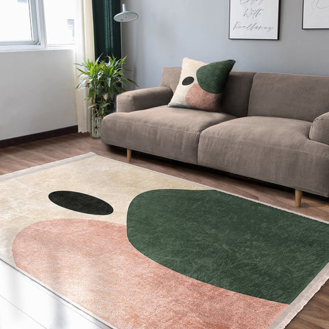 Abstract Area Rug|Bohemian Carpet|Machine-Washable Fringed Non-Slip Mat|Farmhouse Multi-Purpose Anti-Slip Carpet|Decorative Living Room Rug