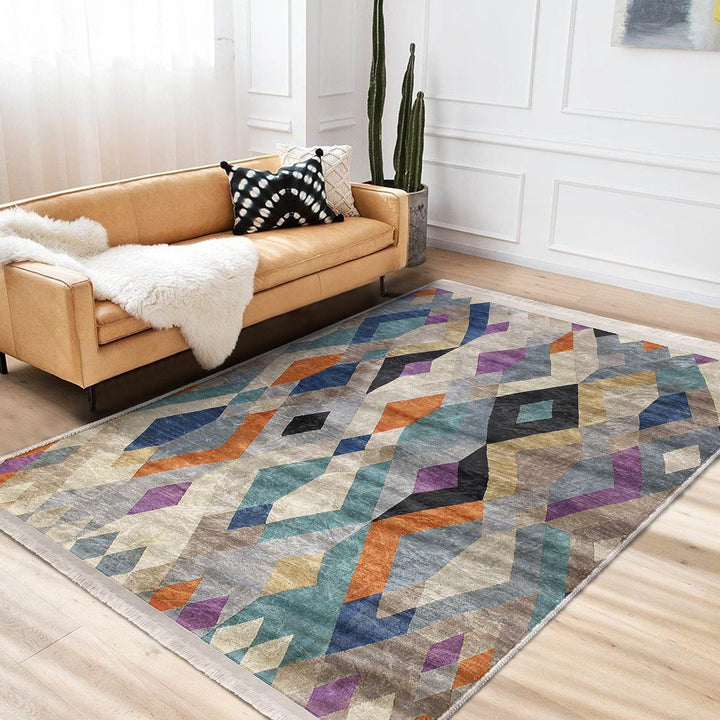 Colorful Area Rug|Boho Style Carpet|Machine-Washable Fringed Non-Slip Mat|Farmhouse Multi-Purpose Anti-Slip Carpet|Abstract Living Room Rug