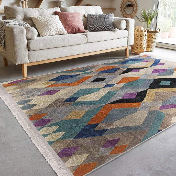 Colorful Area Rug|Boho Style Carpet|Machine-Washable Fringed Non-Slip Mat|Farmhouse Multi-Purpose Anti-Slip Carpet|Abstract Living Room Rug