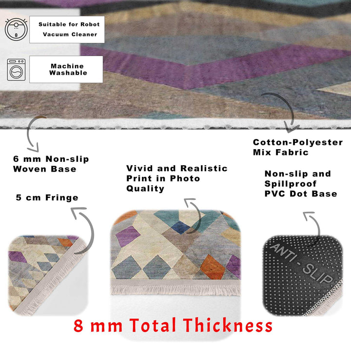 Colorful Area Rug|Boho Style Carpet|Machine-Washable Fringed Non-Slip Mat|Farmhouse Multi-Purpose Anti-Slip Carpet|Abstract Living Room Rug