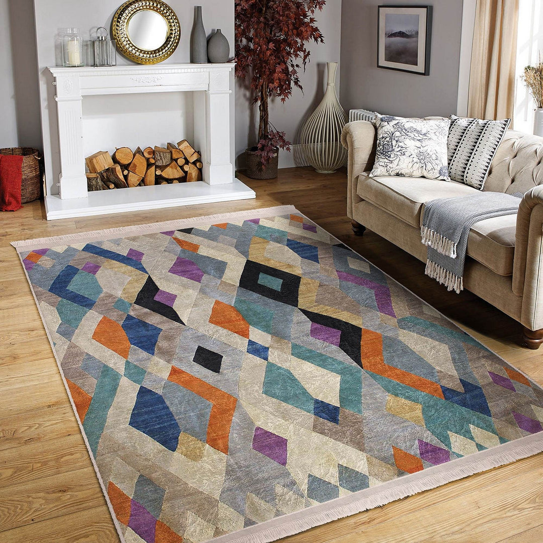 Colorful Area Rug|Boho Style Carpet|Machine-Washable Fringed Non-Slip Mat|Farmhouse Multi-Purpose Anti-Slip Carpet|Abstract Living Room Rug