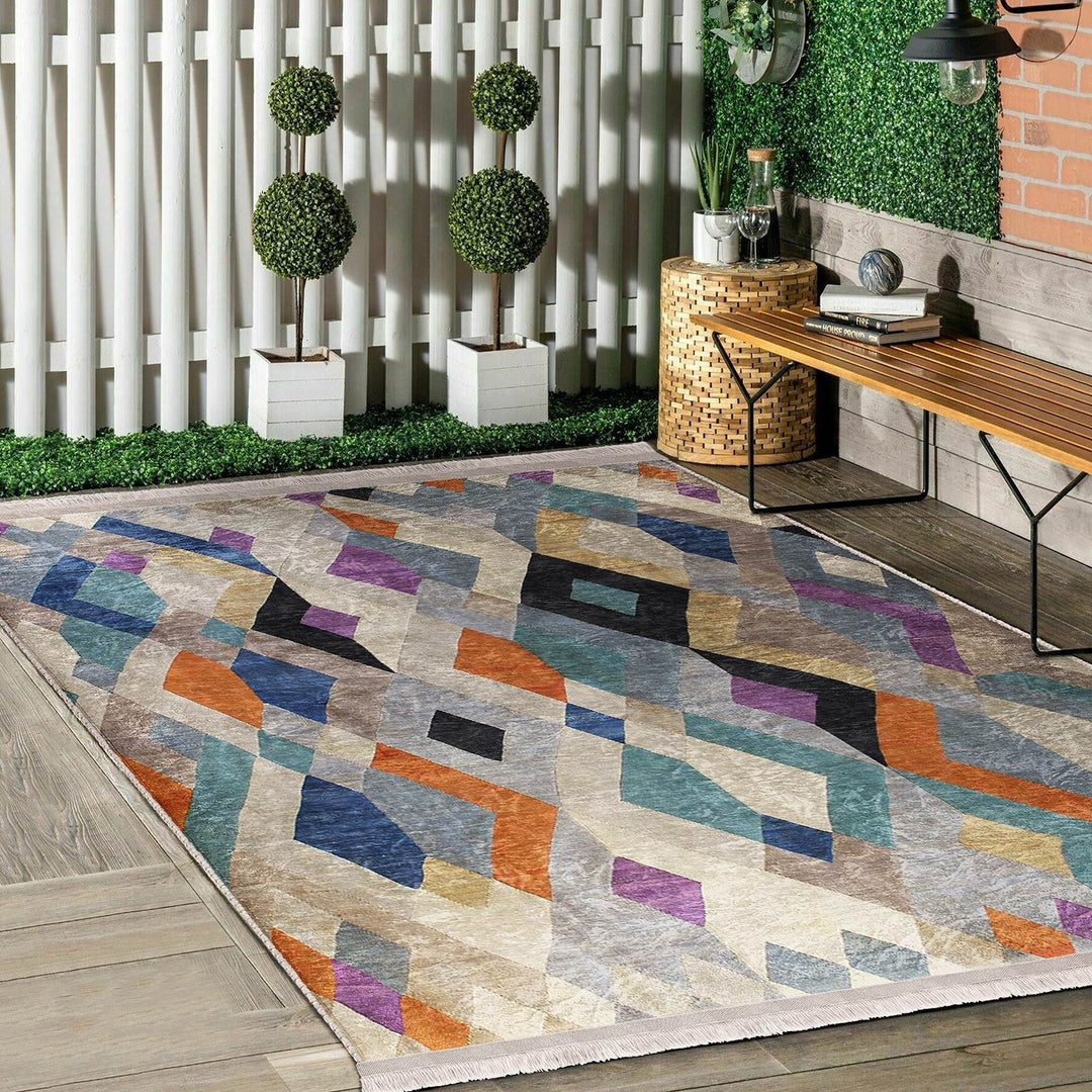Colorful Area Rug|Boho Style Carpet|Machine-Washable Fringed Non-Slip Mat|Farmhouse Multi-Purpose Anti-Slip Carpet|Abstract Living Room Rug