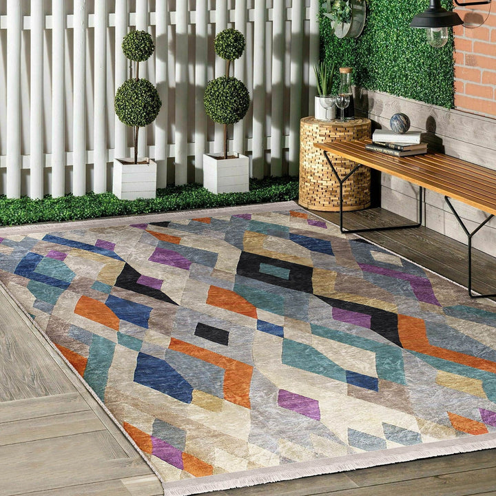 Colorful Area Rug|Boho Style Carpet|Machine-Washable Fringed Non-Slip Mat|Farmhouse Multi-Purpose Anti-Slip Carpet|Abstract Living Room Rug