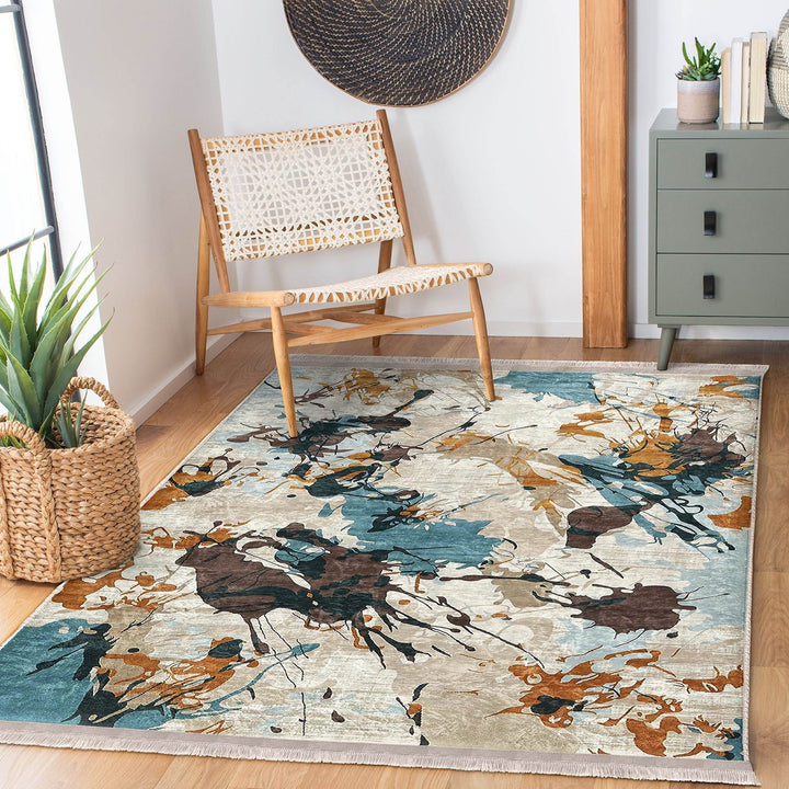 Abstract Area Rug|Paint Patterned Rug|Boho Style Carpet|Machine-Washable Fringed Non-Slip Mat|Farmhouse Multi-Purpose Anti-Slip Carpet