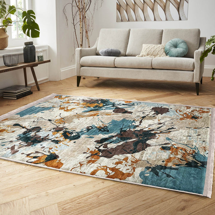 Abstract Area Rug|Paint Patterned Rug|Boho Style Carpet|Machine-Washable Fringed Non-Slip Mat|Farmhouse Multi-Purpose Anti-Slip Carpet