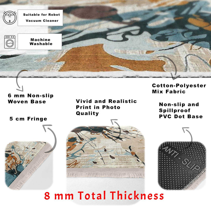 Abstract Area Rug|Paint Patterned Rug|Boho Style Carpet|Machine-Washable Fringed Non-Slip Mat|Farmhouse Multi-Purpose Anti-Slip Carpet