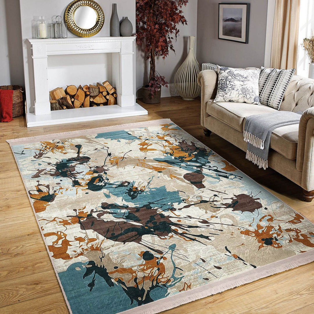 Abstract Area Rug|Paint Patterned Rug|Boho Style Carpet|Machine-Washable Fringed Non-Slip Mat|Farmhouse Multi-Purpose Anti-Slip Carpet