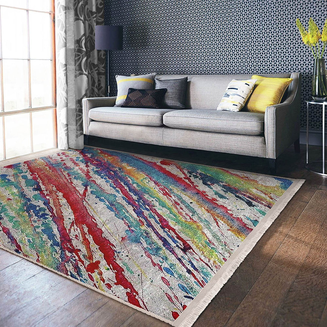 Abstract Area Rug|Oil Painting Motif|Boho Style Carpet|Machine-Washable Fringed Non-Slip Mat|Farmhouse Multi-Purpose Anti-Slip Colorful Rug