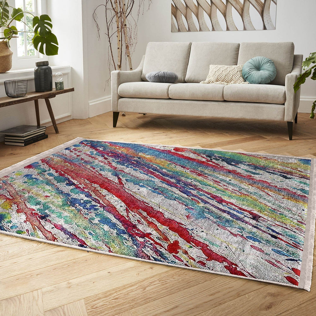 Abstract Area Rug|Oil Painting Motif|Boho Style Carpet|Machine-Washable Fringed Non-Slip Mat|Farmhouse Multi-Purpose Anti-Slip Colorful Rug