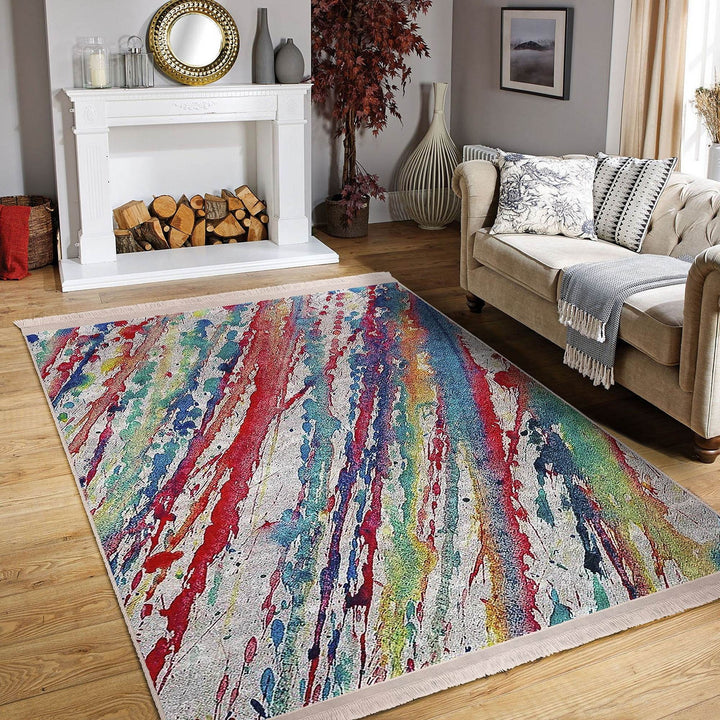 Abstract Area Rug|Oil Painting Motif|Boho Style Carpet|Machine-Washable Fringed Non-Slip Mat|Farmhouse Multi-Purpose Anti-Slip Colorful Rug