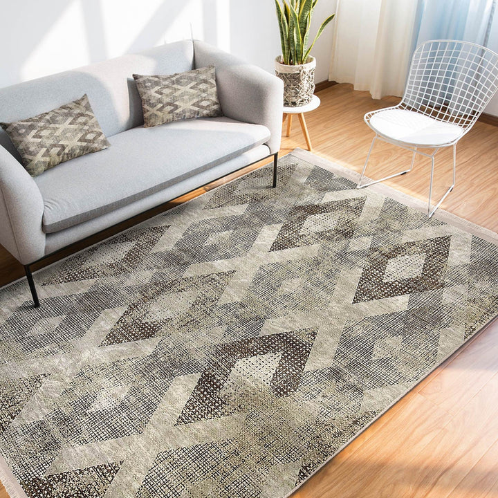 Diamond Pattern Rug|Boho Style Carpet|Machine-Washable Fringed Non-Slip Mat|Stylish Multi-Purpose Anti-Slip Carpet|Abstract Living Room Rug