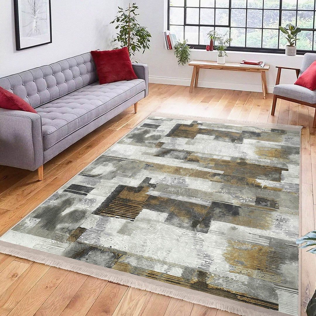 Abstract Area Rug|Worn Looking Carpet|Machine-Washable Fringed Non-Slip Mat|Farmhouse Multi-Purpose Anti-Slip Carpet|Boho Living Room Carpet