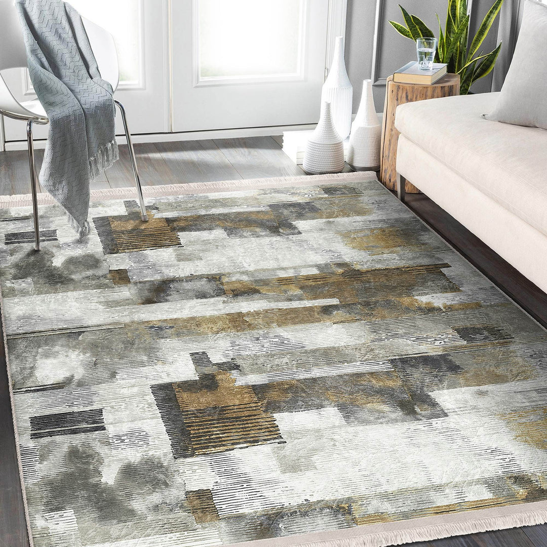 Abstract Area Rug|Worn Looking Carpet|Machine-Washable Fringed Non-Slip Mat|Farmhouse Multi-Purpose Anti-Slip Carpet|Boho Living Room Carpet