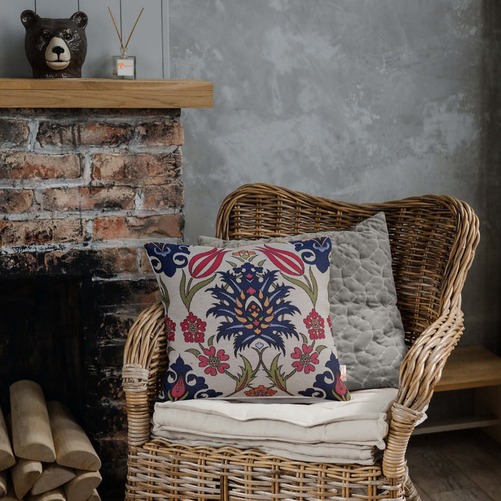 Turkish Tulip Tile Pattern Pillow Cover|Tapestry Pillowcase|Housewarming Gobelin Throw Pillow|Decorative Handmade Woven Outdoor Cushion Case