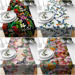 Floral Bird Runner|Summer Trend Tablecloth|Butterfly Home Decor|Housewarming Rectangle Runner|Farmhouse Style Decorative Floral Tabletop