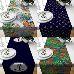 Nautical Table Runner|Blue Anchor Tabletop|Beach House Decor|Fish Kitchen Runner|Navy Marine Table Centerpiece|Starfish Print Tablecloth