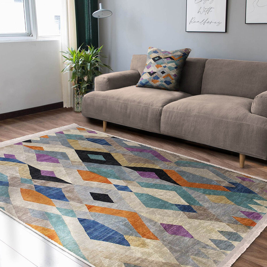 Colorful Area Rug|Boho Style Carpet|Machine-Washable Fringed Non-Slip Mat|Farmhouse Multi-Purpose Anti-Slip Carpet|Abstract Living Room Rug