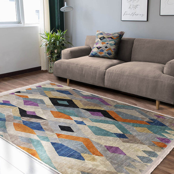 Colorful Area Rug|Boho Style Carpet|Machine-Washable Fringed Non-Slip Mat|Farmhouse Multi-Purpose Anti-Slip Carpet|Abstract Living Room Rug