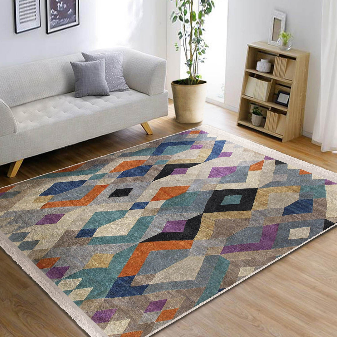 Colorful Area Rug|Boho Style Carpet|Machine-Washable Fringed Non-Slip Mat|Farmhouse Multi-Purpose Anti-Slip Carpet|Abstract Living Room Rug