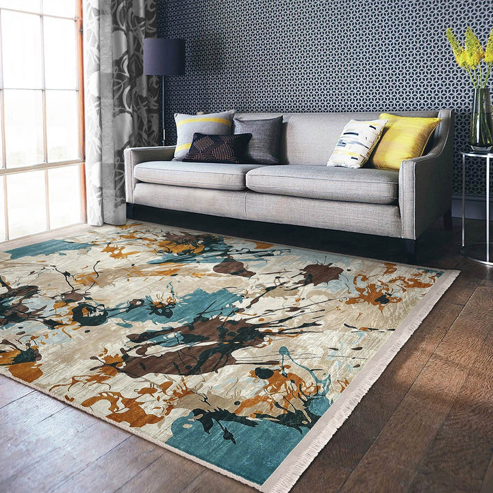 Abstract Area Rug|Paint Patterned Rug|Boho Style Carpet|Machine-Washable Fringed Non-Slip Mat|Farmhouse Multi-Purpose Anti-Slip Carpet