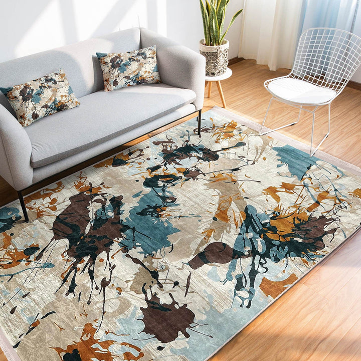 Abstract Area Rug|Paint Patterned Rug|Boho Style Carpet|Machine-Washable Fringed Non-Slip Mat|Farmhouse Multi-Purpose Anti-Slip Carpet