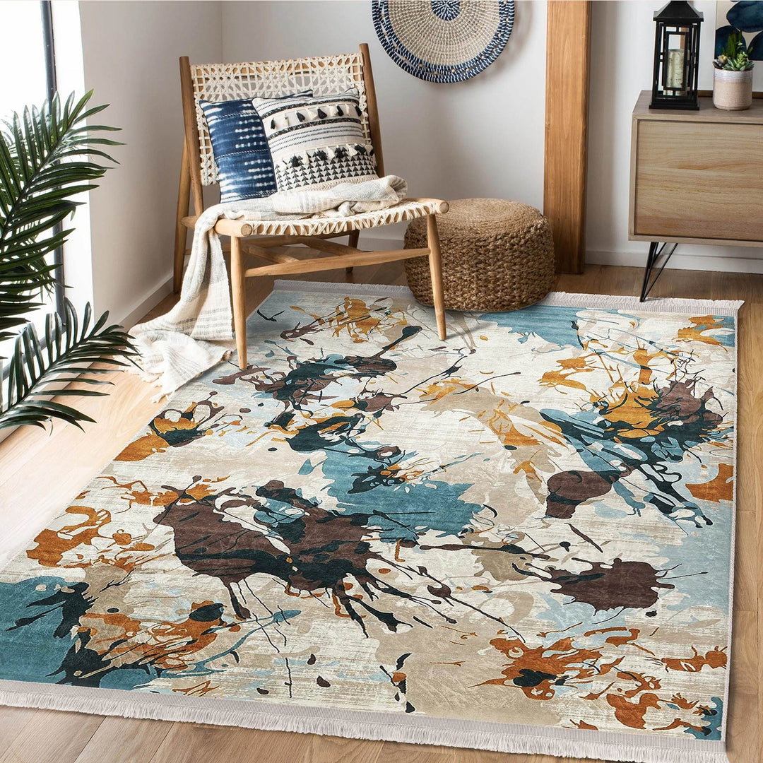 Abstract Area Rug|Paint Patterned Rug|Boho Style Carpet|Machine-Washable Fringed Non-Slip Mat|Farmhouse Multi-Purpose Anti-Slip Carpet