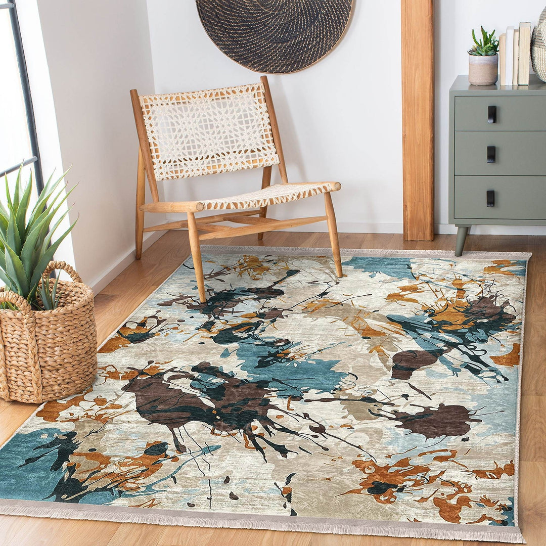 Abstract Area Rug|Paint Patterned Rug|Boho Style Carpet|Machine-Washable Fringed Non-Slip Mat|Farmhouse Multi-Purpose Anti-Slip Carpet